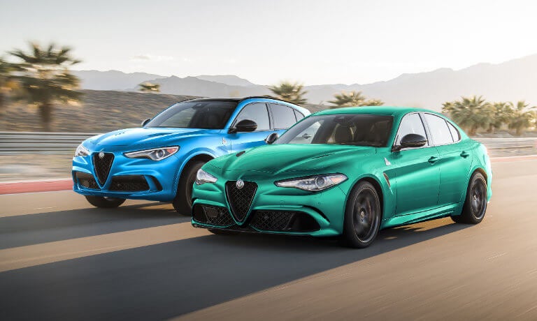 2022 Alfa Romeo Giulia & Stelvio Quadrifoglio models exterior side by side on track